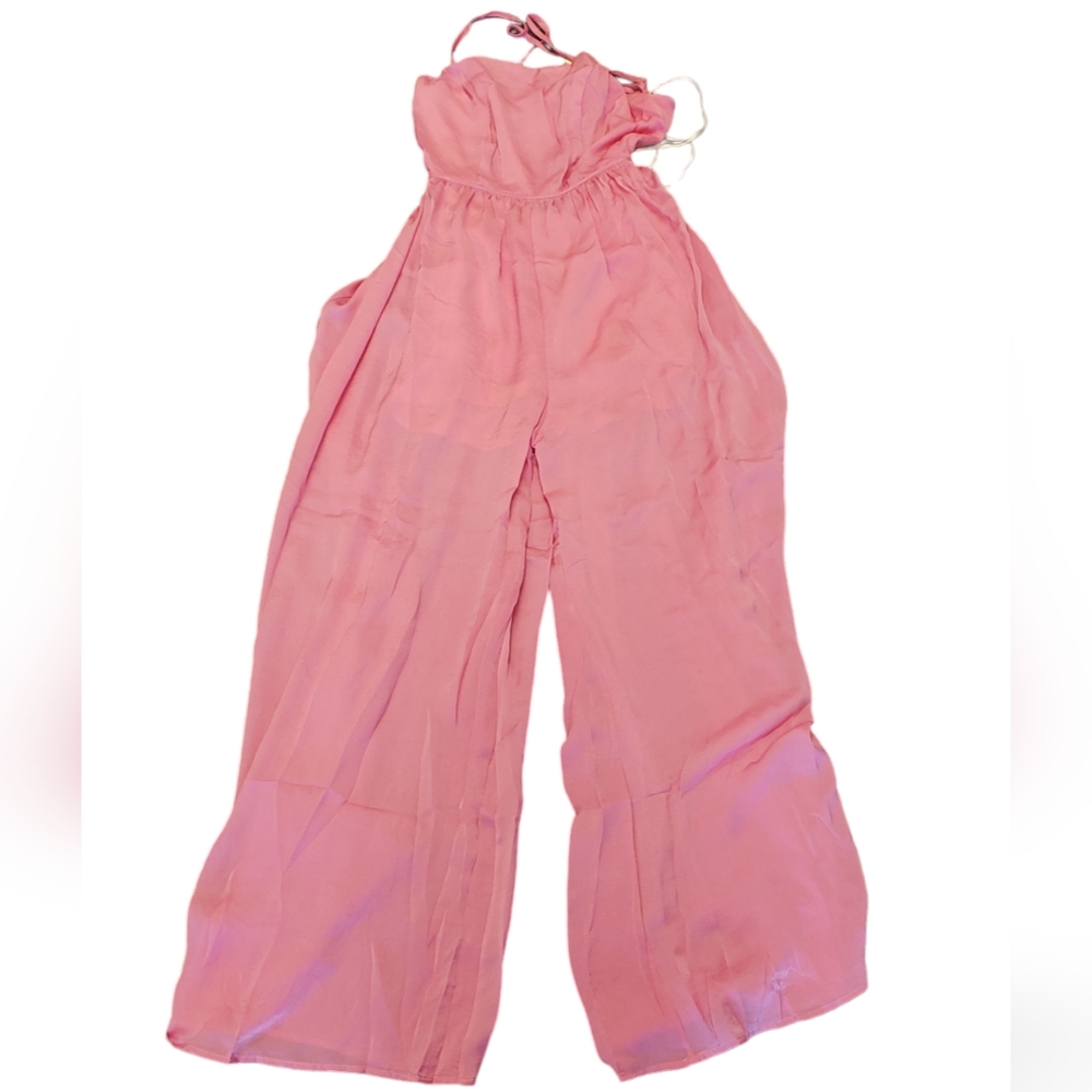Vici Aakaa Picture Perfect Satin Wide Leg Pink Jumpsuit NEW - Picture 2 of 7